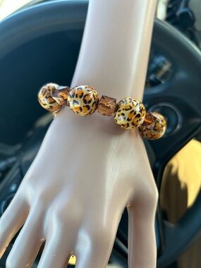 Vintage Brown Cheetah Animal print Beaded Stretch Bracelet Gothic